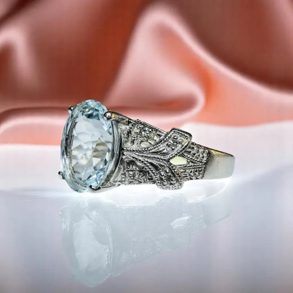 10K White Gold -Art Deco -Aquamarine & Diamond Ring -Sz 7- Filigree Ring- 2.8g